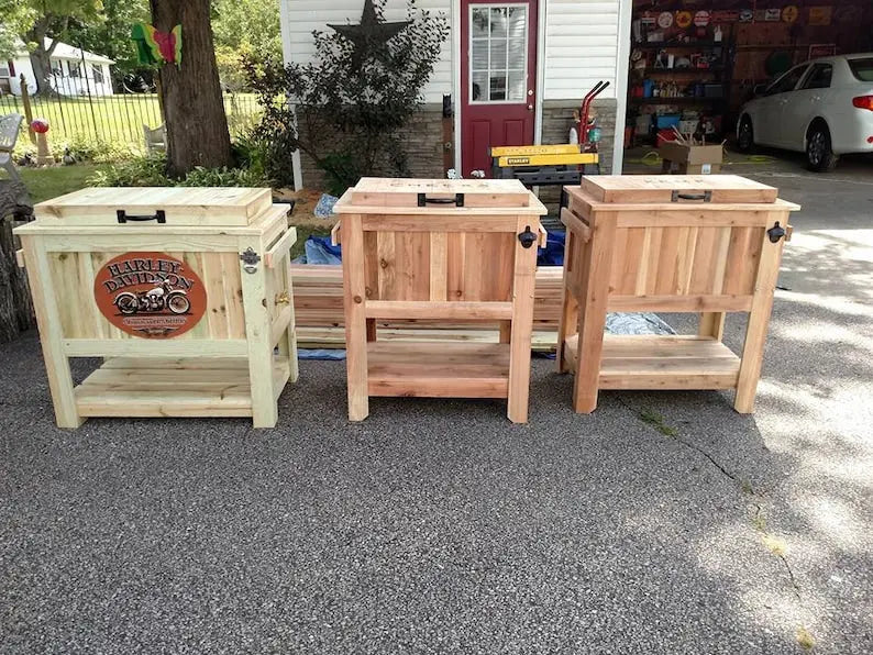 All-Weather 48-Quart Antiqued Cedar Beer Cooler Stand with Brass Drain and Bottle Opener