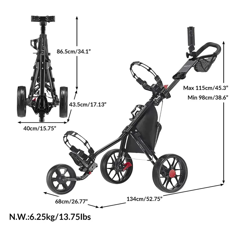 CaddyTek CaddyLite 11.5V3 Three-Wheel Golf Push Cart with Lightweight Frame