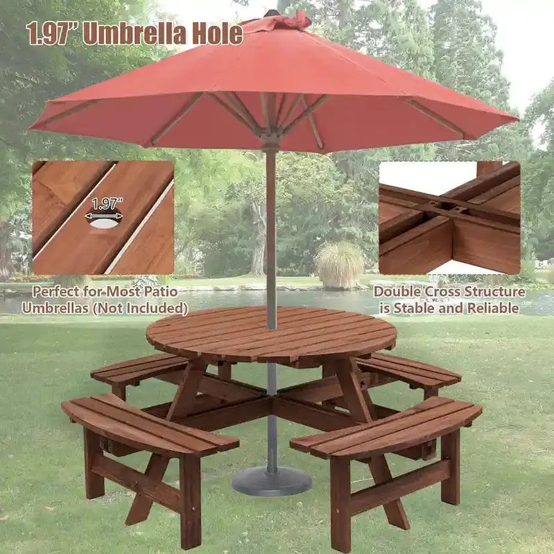 8-Person Fir Wood Round Picnic Set Outdoor Patio Dining with Built-In Benches & Umbrella Hole