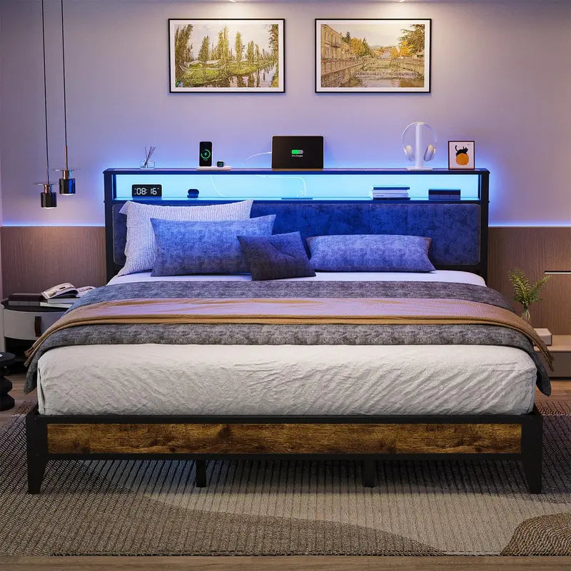 OLEVS Single Metal Platform Bed with LED-Lit Storage Headboard & USB Charging Station