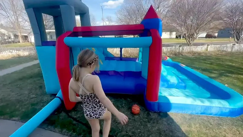 8-in-1 Inflatable Water Park for Kids: Bounce House, Slide, Climbing Wall, Splash Pool, Dual Water Cannons, Basketball Hoop & Crocodile Sprinkler Includes 450W Blower