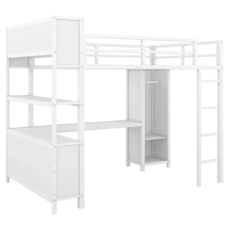 Off-White Metal Loft Bed with Under-Bed Desk and Closet Integration Full-Size Space-Saving Solution