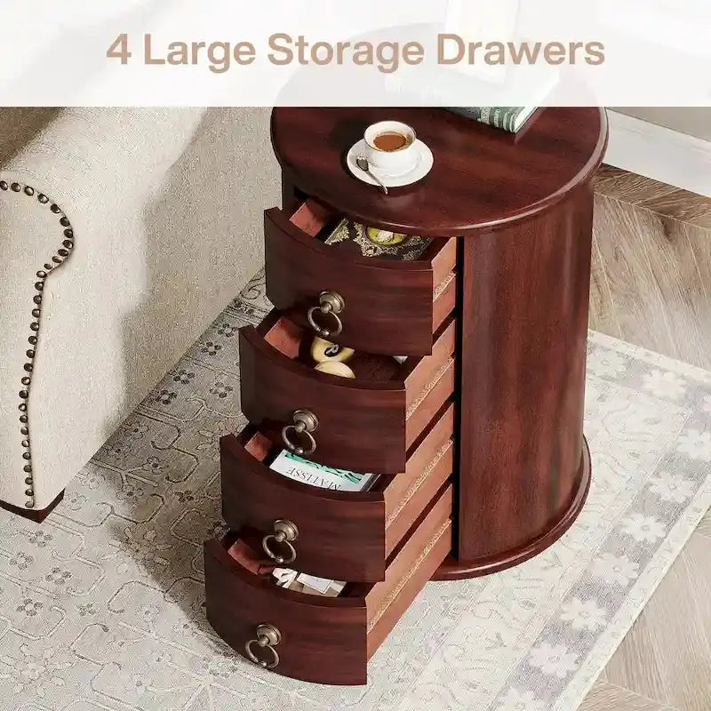 No-Assembly Vintage End Table Solid Wood Round Side Table with Drawers
