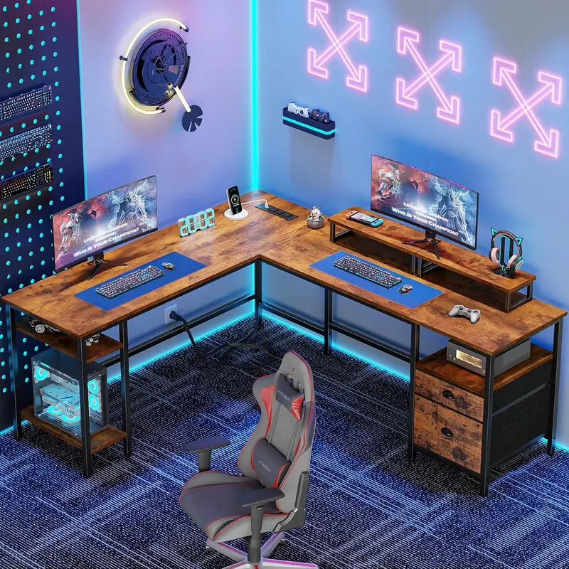 66″ L-Shaped Reversible Gaming Desk Rustic Brown Home Office Workstation with Power Outlet, File Drawer, Dual Monitor Stands & Storage Shelves