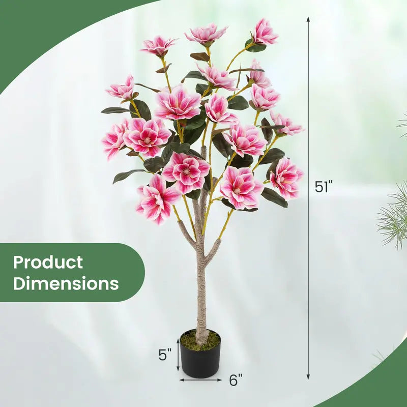51-Inch Magnolia Artificial Tree Lifelike Silk Foliage and Blossoms in a Decorative Planter