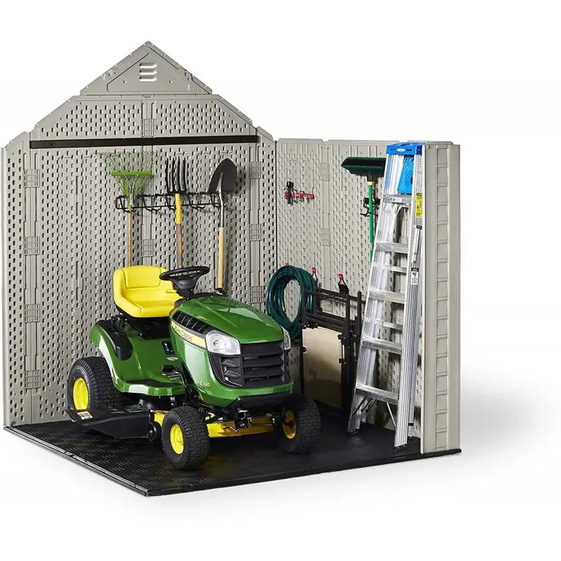 Rubbermaid 7′ x 7′ Outdoor Storage Shed Weatherproof Resin Garden Shed with Windows & Hooks (Sand Finish)