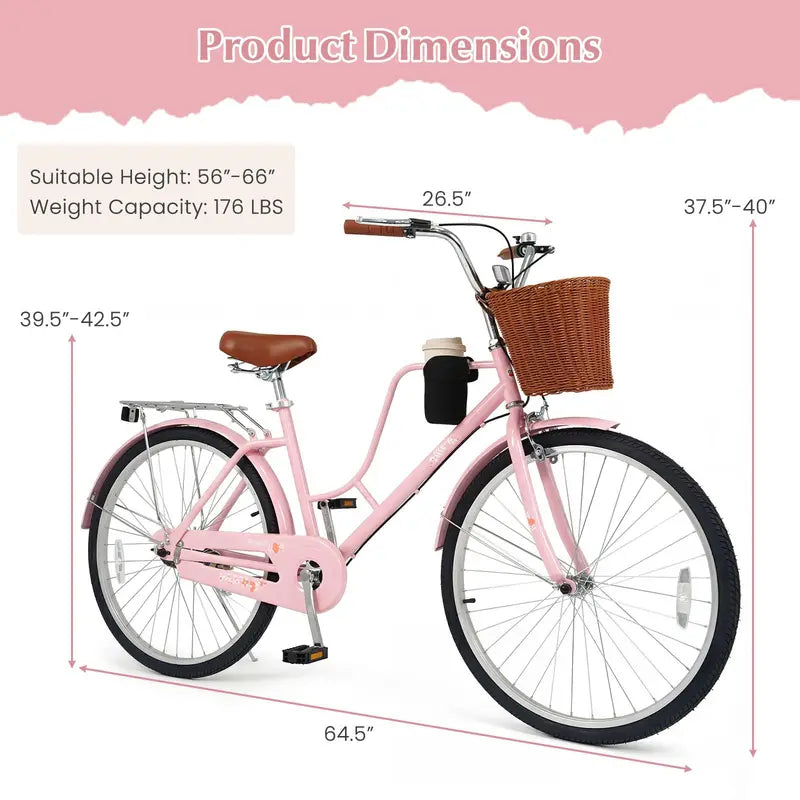 Women’s 24/26-Inch Beach Cruiser Cup Holder, Reflectors, Stylish Basket Design