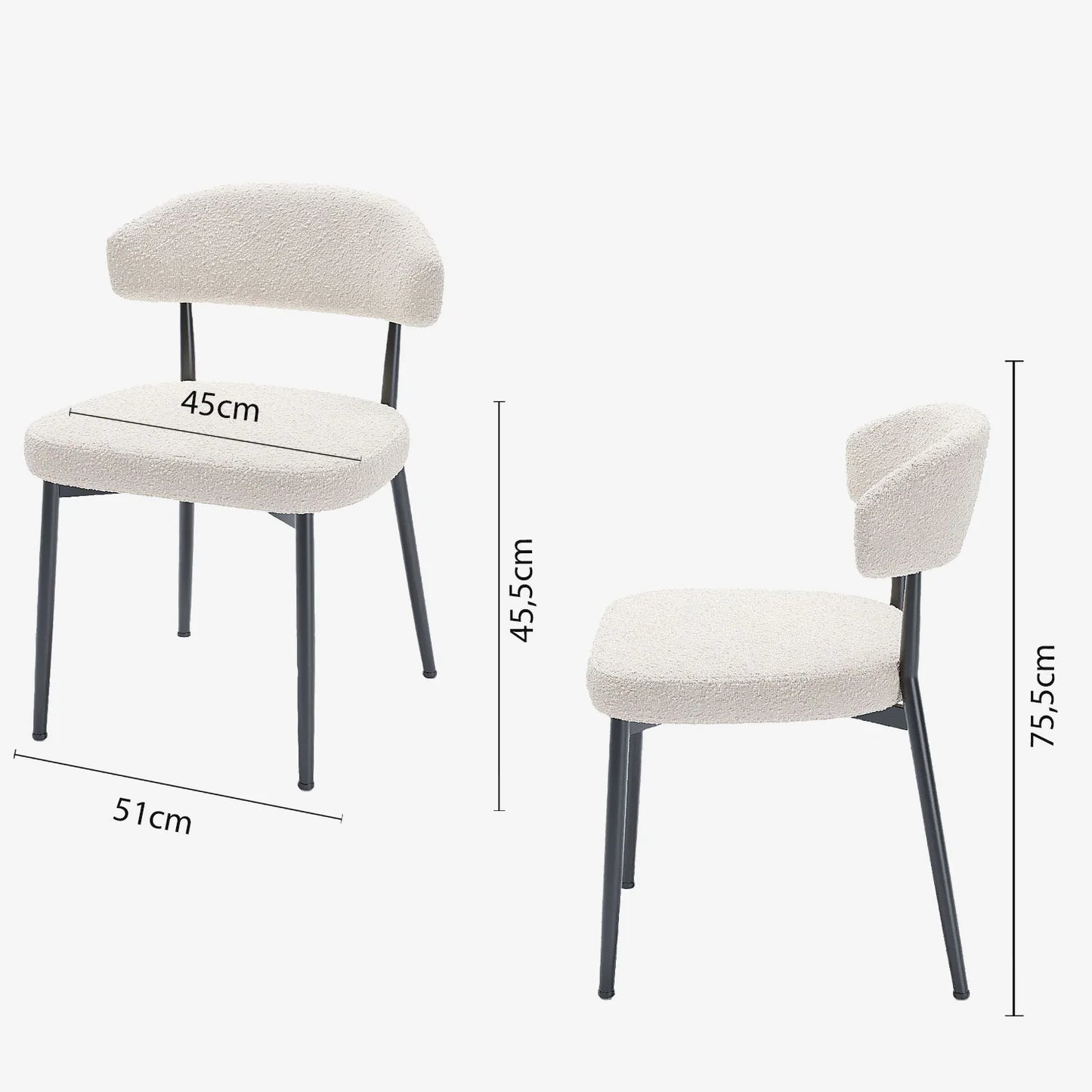 Lot de 2 chaises de salle manger en tissu bouclette blanche & m tal noir Mona