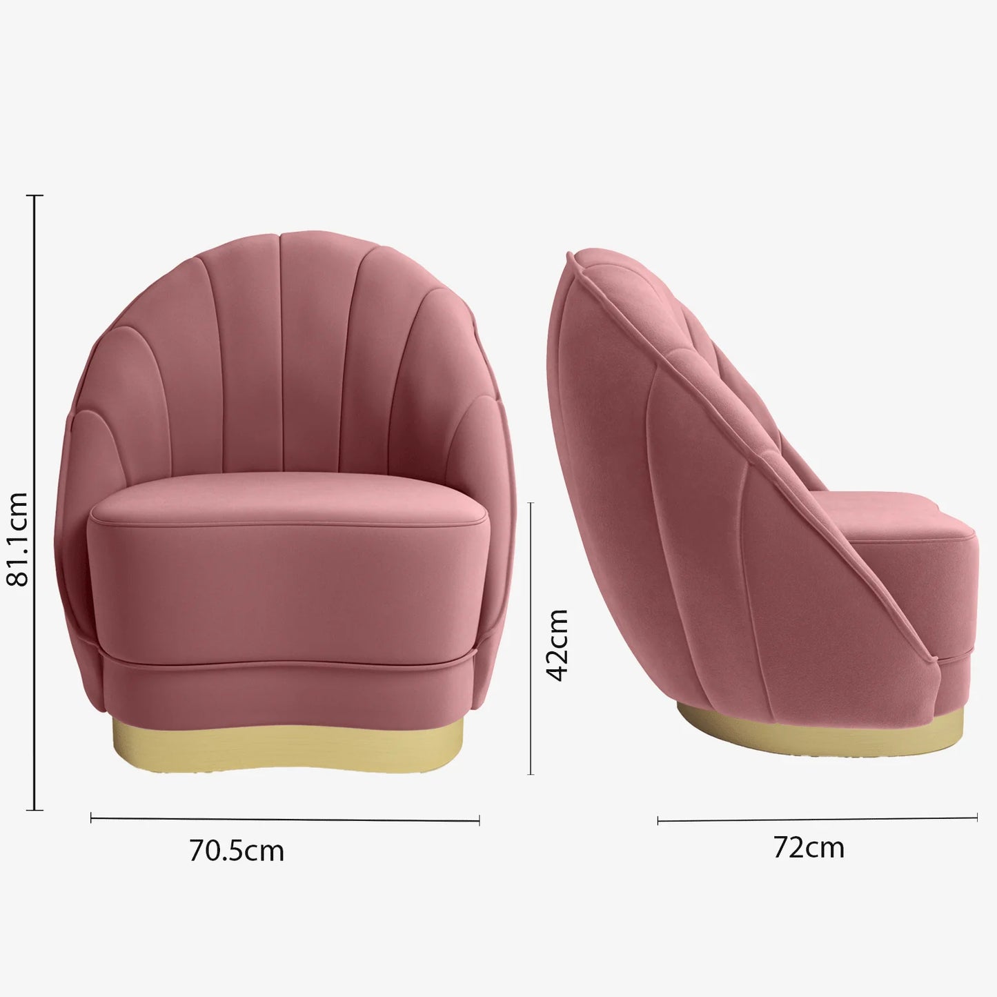 Fauteuil en velours rose vintage, base cerclage dor effet laiton