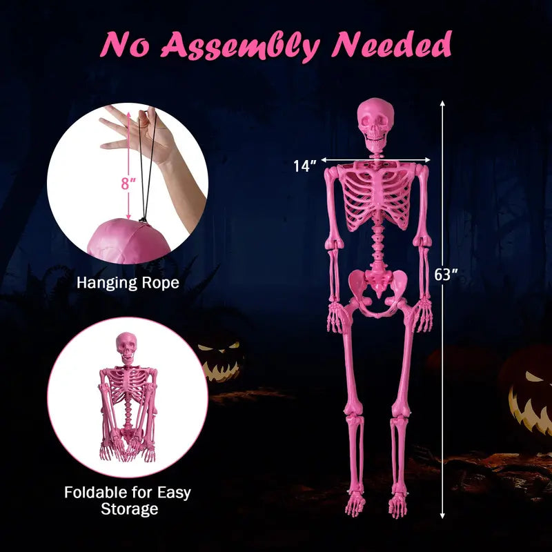 5.5-Foot Pink Poseable Skeleton Life-Size Animated Halloween Prop with Articulated Joints