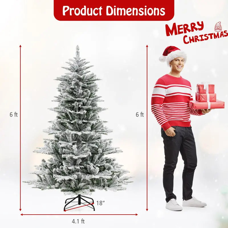 6-8 ft Snow-Flocked Pre-Lit Christmas Tree Hinged Artificial Xmas Tree with 6611447 PVC/PE Tips