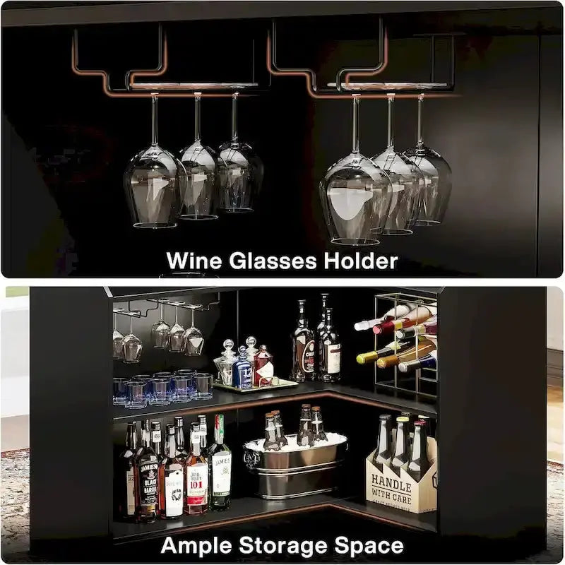 L-Shaped Bar Cabinet with Stemware Racks Stylish Home Pub Storage Solution
