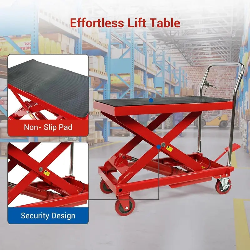 500 lb Hydraulic Double-Scissor Lift Table 30″ Max Height, 4-Wheel Mobility & Non-Slip Surface