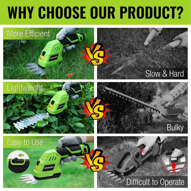 WORKPRO 12V Cordless 2-in-1 Grass & Hedge Trimmer Includes 2.0Ah Battery + 1-Hour Fast Charger