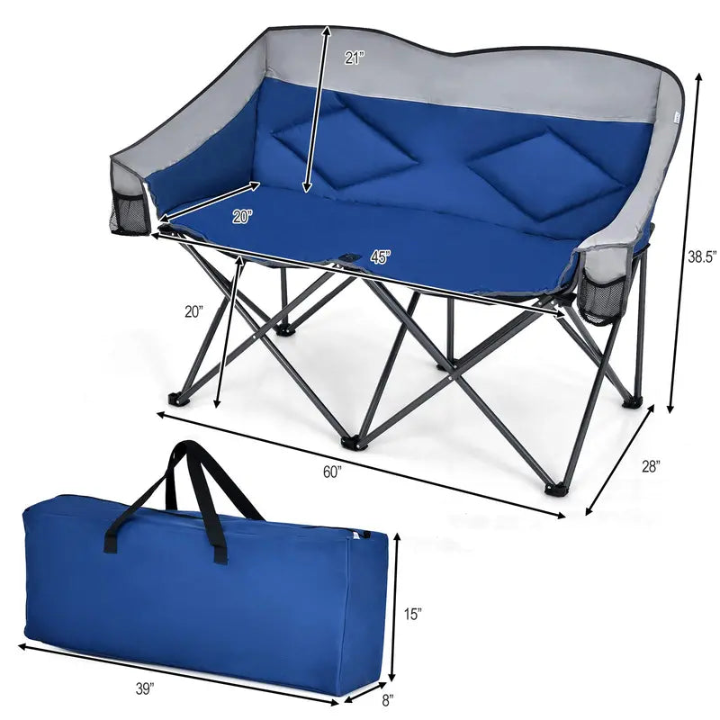 Couples Folding Loveseat Chair Double-Seater Camping Chair with Padded High Back and Carry Storage Bags