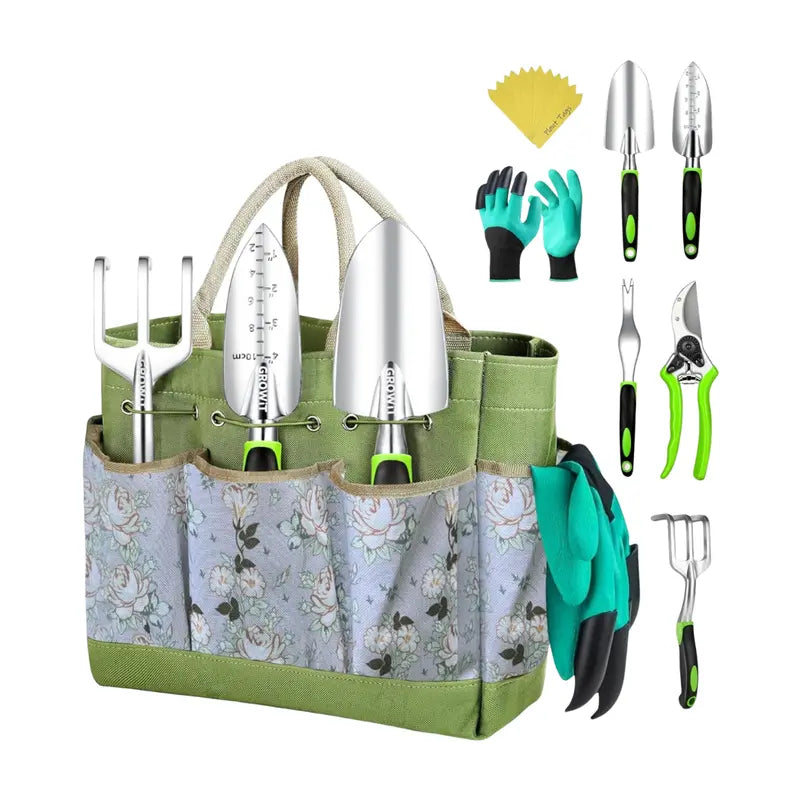 Ergonomic Garden Tool Kit with Comfort Handles, Organizer Tote, and Plant Markers