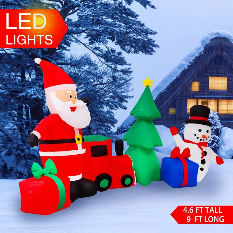 Yexmas 9FT Inflatable Christmas Set with LED Lights Santa, Snowman, Train, Gifts & Tree for Indoor/Outdoor Decor