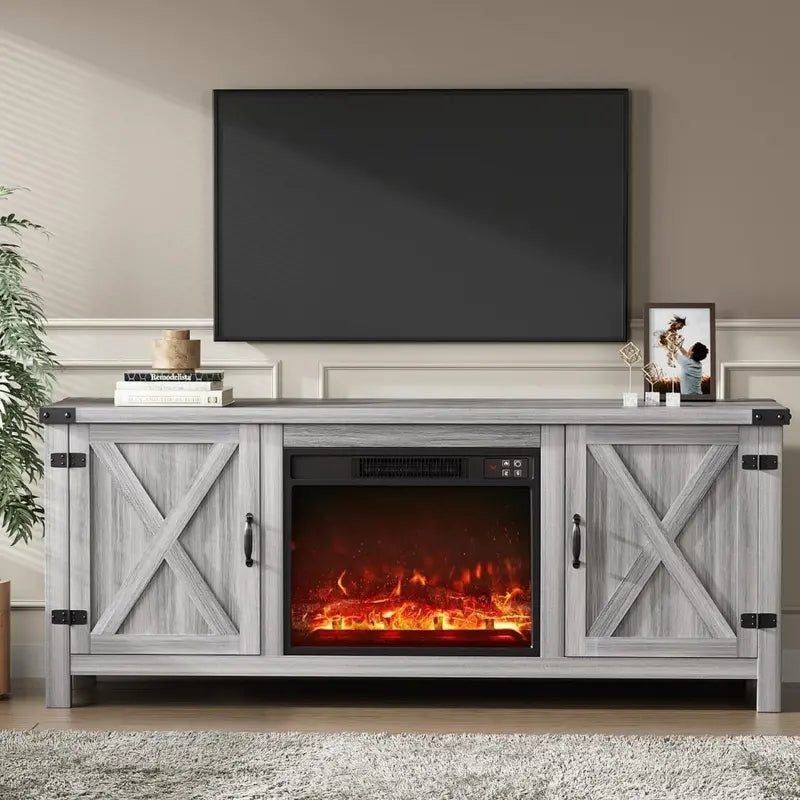 YESHOMY 58-Inch Farmhouse TV Stand Barn-Door Media Console with Dual Cabinets for TVs up to 65 Inches