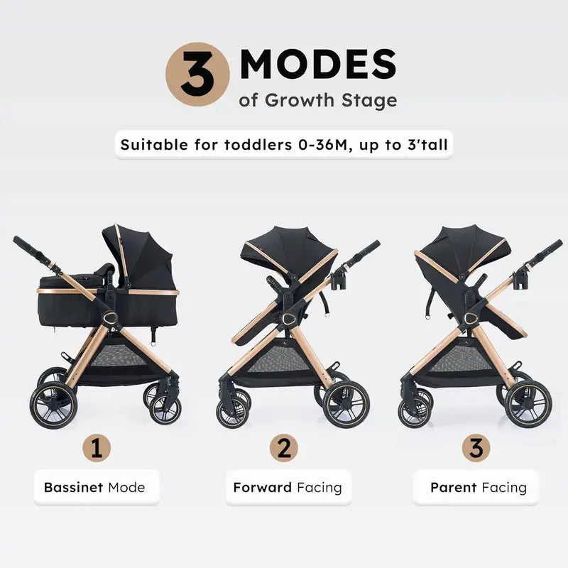 Convertible 2-in-1 Baby Stroller & Bassinet Full-Size Pushchair for Newborns to 3-Year-Olds