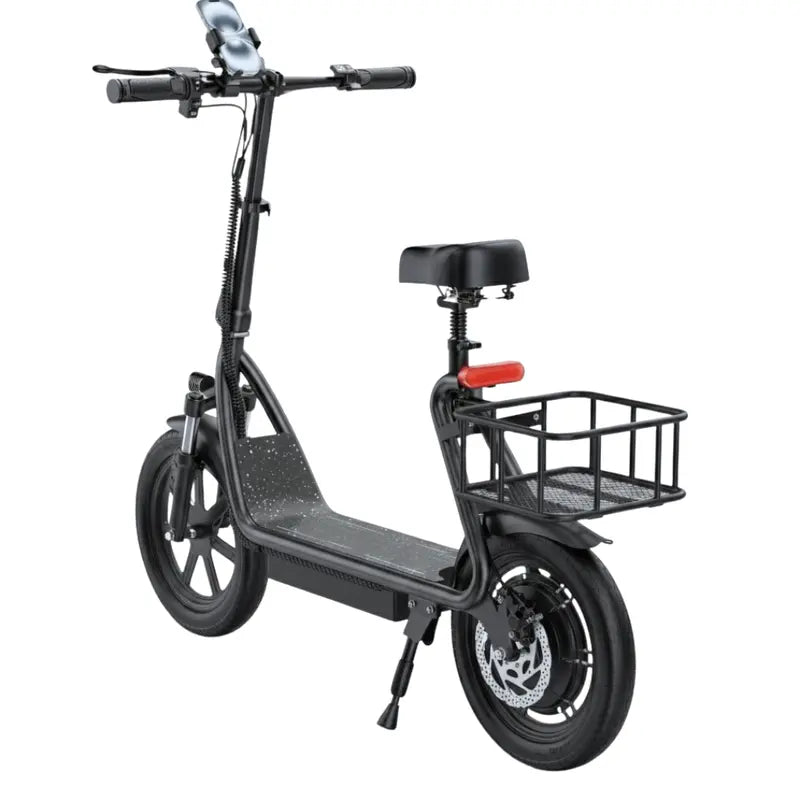 Foldable E-Scooter with Detachable Seat, Rear Cargo Basket, and 14″ Pneumatic Tires
