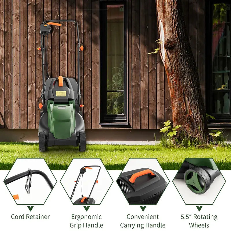 Corded Electric Lawn Mower, 12-Amp 14-Inch Dual-Mode Cutting System