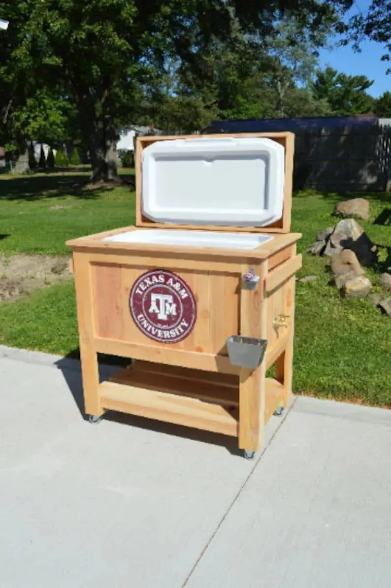 All-Weather 48-Quart Cedar-Look Cooler Stand Antique-Finish Outdoor Beer Cooler with Brass Drain, Bottle Opener & Cap Catcher