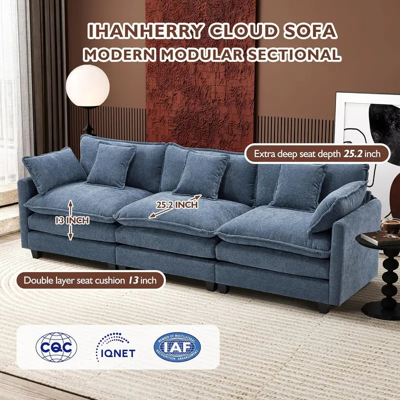 Ihanherry 146-Inch U-Shaped Modular Sectional Sofa in Chenille Cloud-Style Deep-Seat Design with Dual Ottomans and Six Decorative Pillows, Grey
