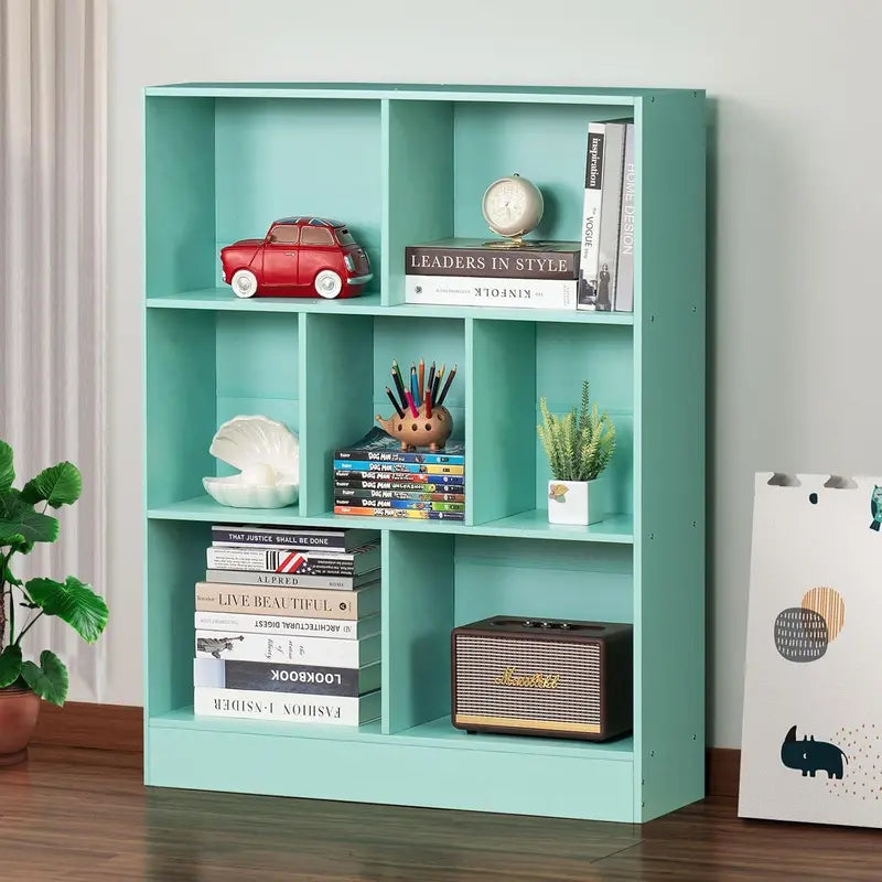LEYAOYAO Natural Wood 7-Cube Bookshelf Modern Open-Back Storage Unit with Solid Legs