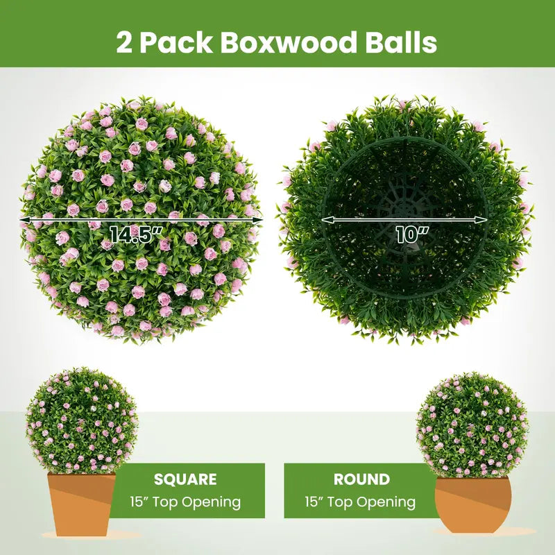 Dual 17.5-Inch Faux Greenery Topiary Balls with Pink Floral Accents for Exterior Use