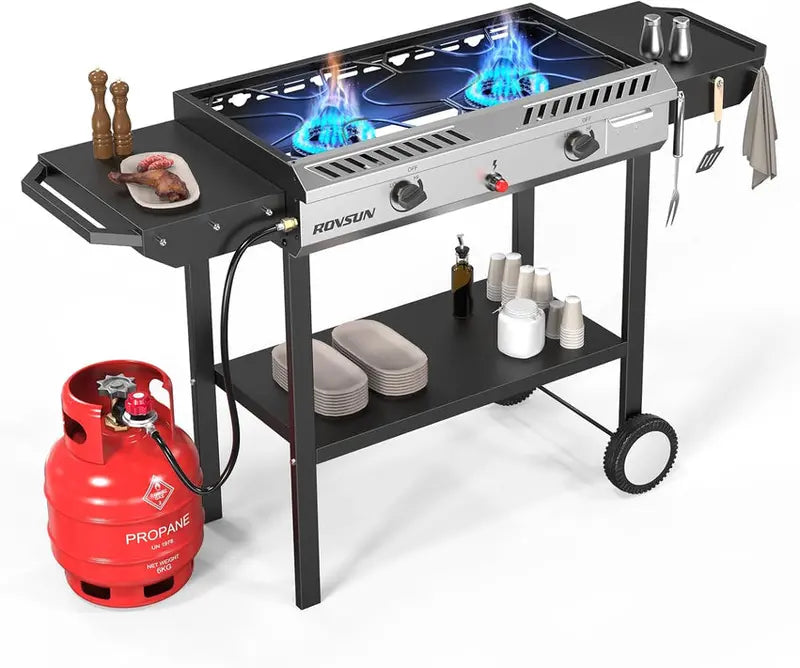Dual-Burner Propane Outdoor Stove 150,000 BTU Griddle Cooker with Auto-Ignition, Regulator & Side Shelves