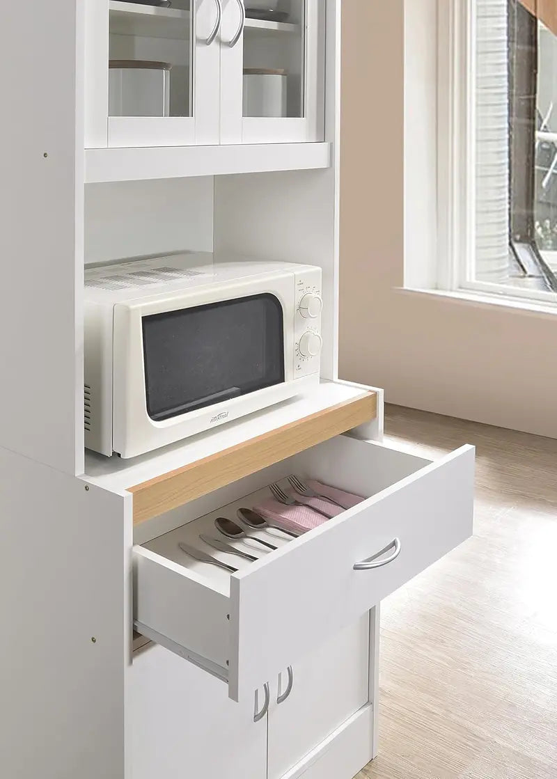 Cherry-Finished Standing Kitchen Cabinet with Enclosed Top and Bottom Storage, Single Drawer, and Dedicated Microwave Zone