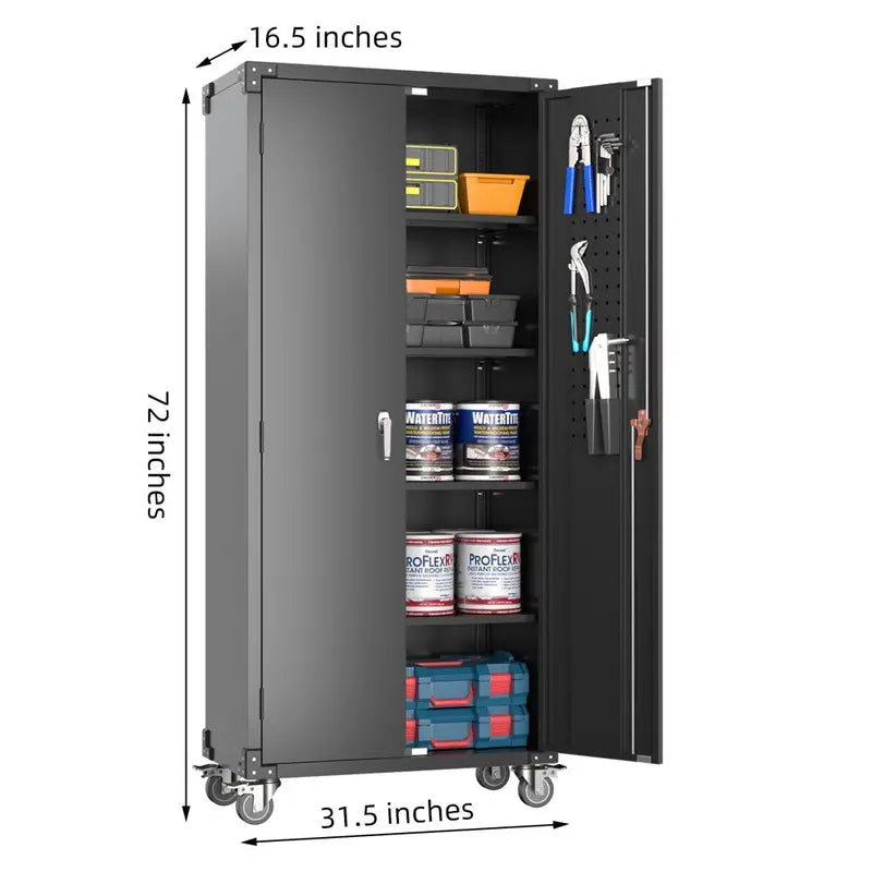 GangMei Rolling Garage Storage Cabinet 72-Inch Black Metal Tool Organizer with Pegboard & Locking Doors