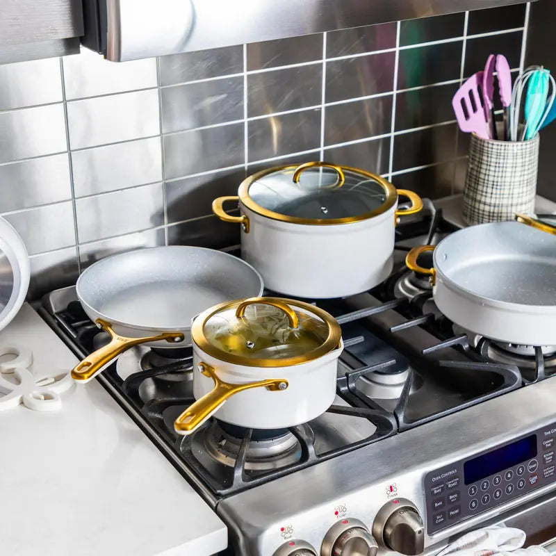 Thyme & Table Nonstick Supreme Cookware Set, 12-Piece, Cream, Greblon C3+ Coating, Oven Safe to 400°F