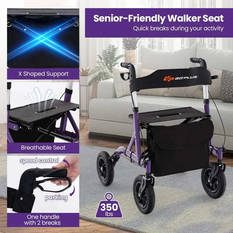 Heavy-Duty Foldable Rollator Walker Height-Adjustable Senior Mobility Aid with Pneumatic All-Terrain Wheels & Built-in Seat