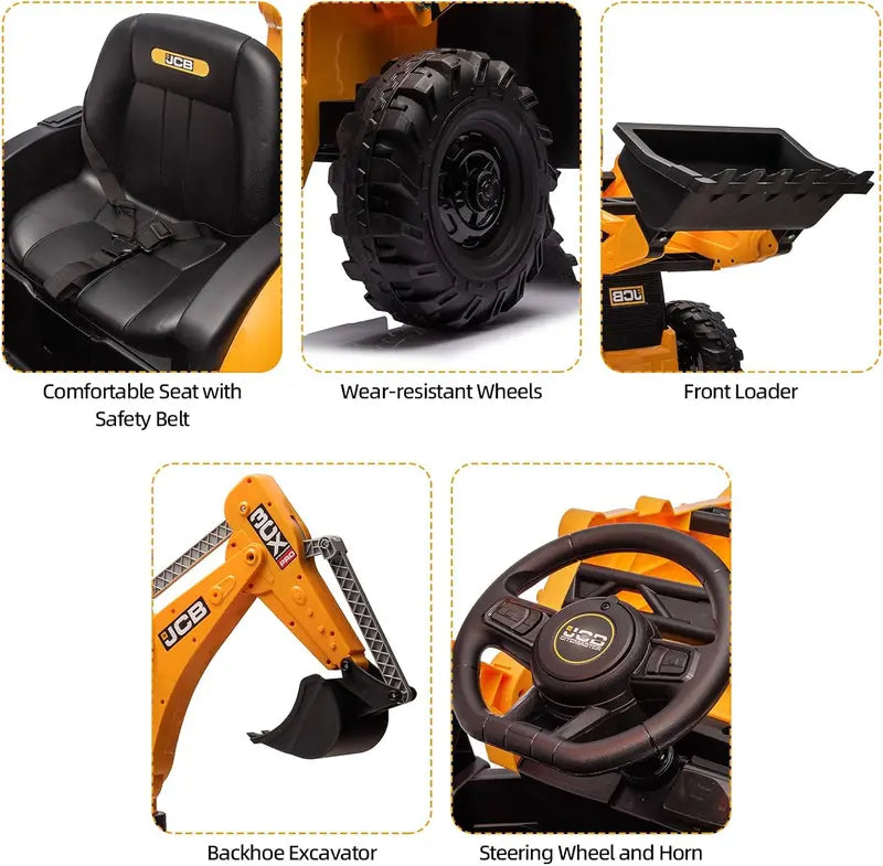 12V JCB Ride-On Excavator Toy Realistic Digging Arm, Adjustable Speeds, Slow Start/Stop & Ages 48
