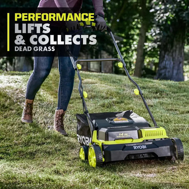 RYOBI ONE+ HP 18V Brushless 14 in. Cordless Battery Dethatcher/Aerator with (2) 4.0 Ah Batteries and Charger P2740