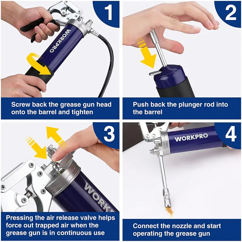 WORKPRO Pistol-Grip Grease Gun Kit 18″ Flexible Hose, 2 Fixed Tubes, 3 Nozzles, 14 oz Capacity, 4000 PSI Output