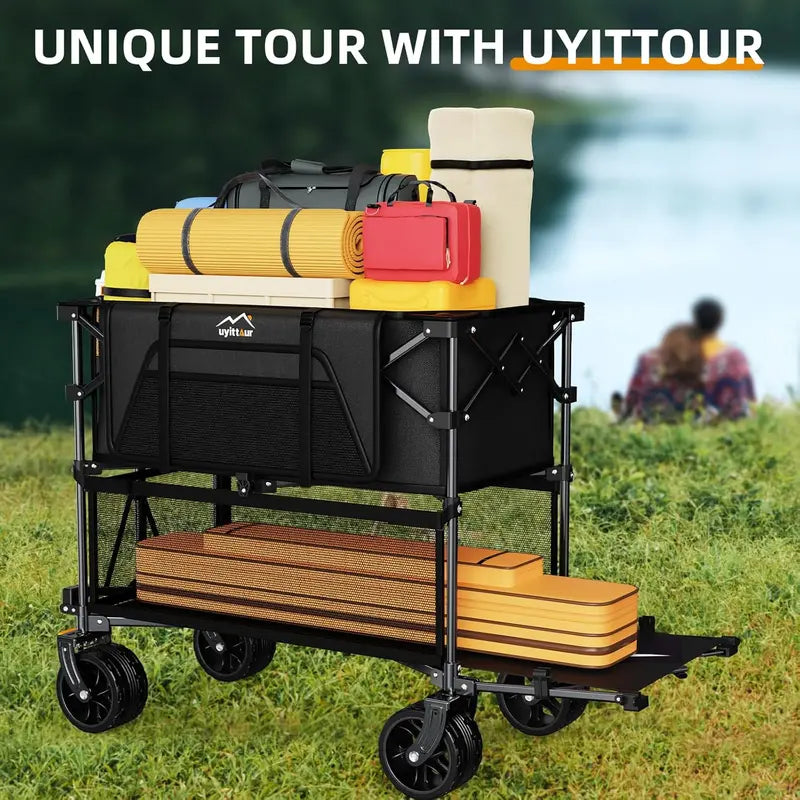 50″ Outdoor All-Terrain Double-Decker Wagon 400L Collapsible Sports & Utility Cart for Camping & Transport