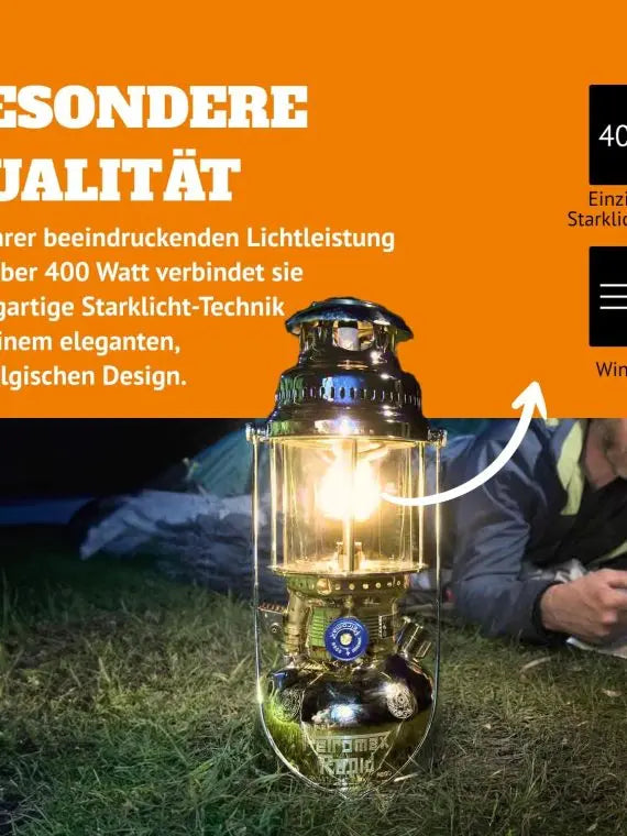 HK500 Pressurized Lantern 500 Candlepower, 1 Quart Kerosene Tank, Hand Assembled 400W Lamp, Polished Brass-Chrome for Home & Camping