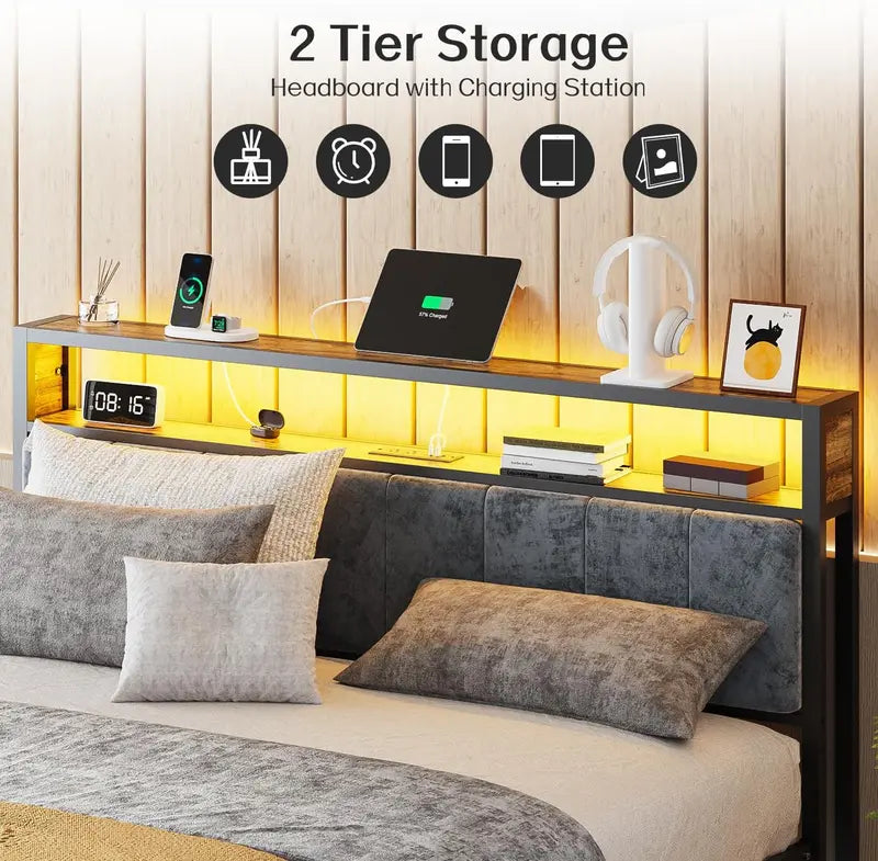 OLEVS Single Metal Platform Bed LED-Lit Headboard with USB-C Charging Ports and Underbed Storage