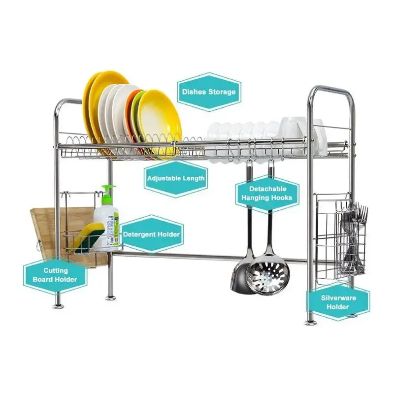 Premium Stainless Steel Over-the-Sink 2-Tier Dish Drying Rack with Adjustable Width and Utensil Hooks