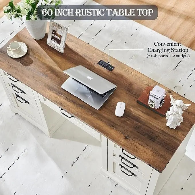 60-Inch Farmhouse-Style Executive Desk Solid Wood Computer Workstation for Home Office
