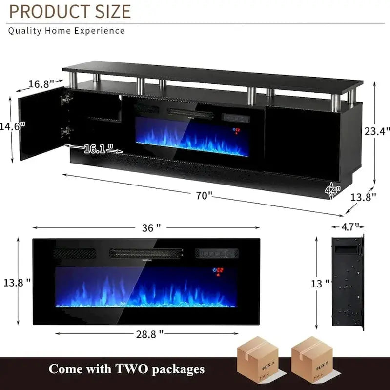 70-Inch TV Stand with Electric Fireplace 36-Inch Flame Effect & Customizable Shelving