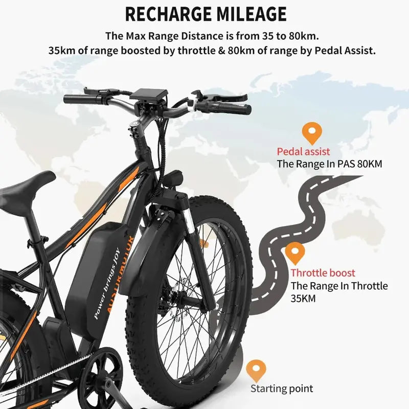 26-Inch Adult Fat-Tire Electric Mountain Bike 48V/13Ah/750W Motor, 7-Speed Drivetrain, Black S48 Frame