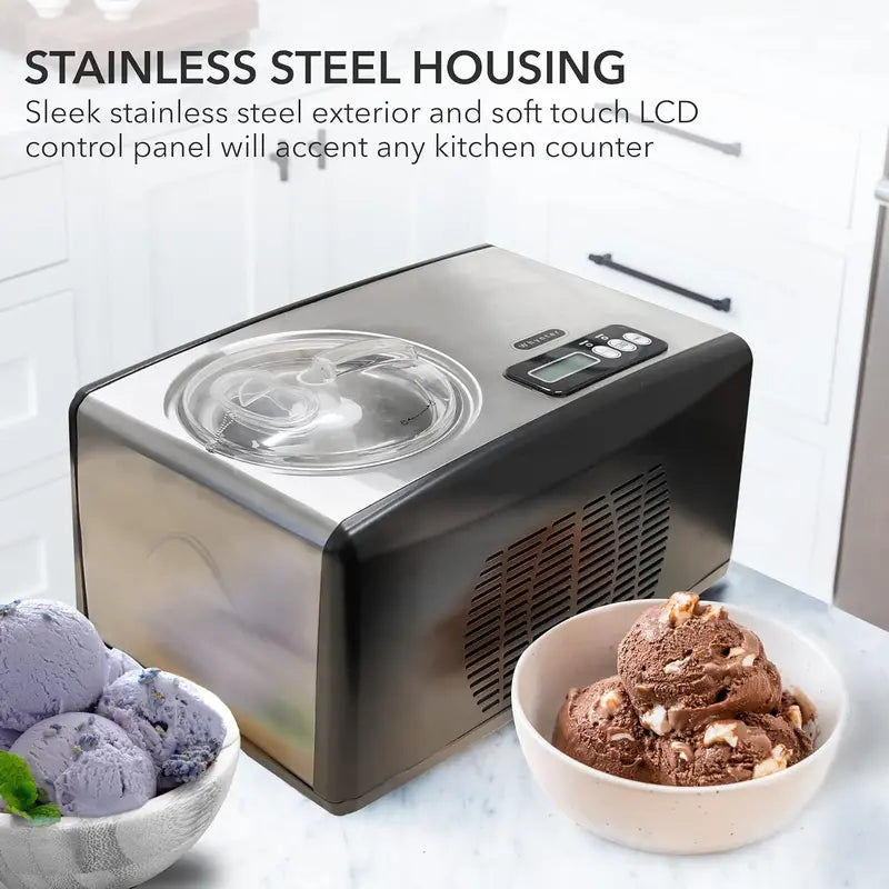 Brand Automatic Ice Cream Maker, 1.6 Quart, Stainless Steel, Built-in Compressor, No Pre-Freezing, LCD Display, Timer, Black & Pink