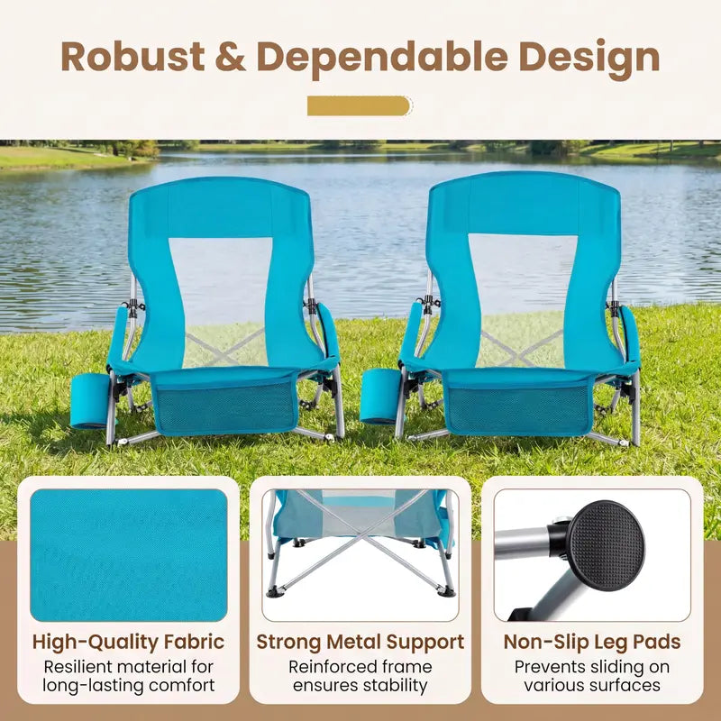 Set of Two Lightweight Folding Beach Chairs Low-Profile Portable Camp Seating for Adults