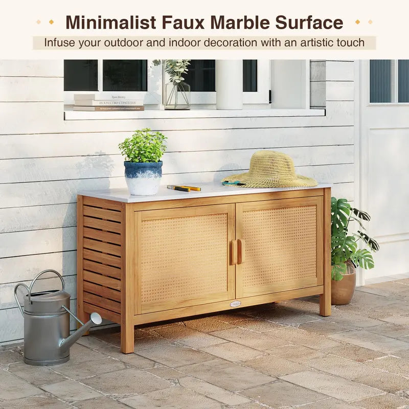 Acacia Wood Outdoor Storage Cabinet with Faux Marble Top and Weather-Resistant Finish