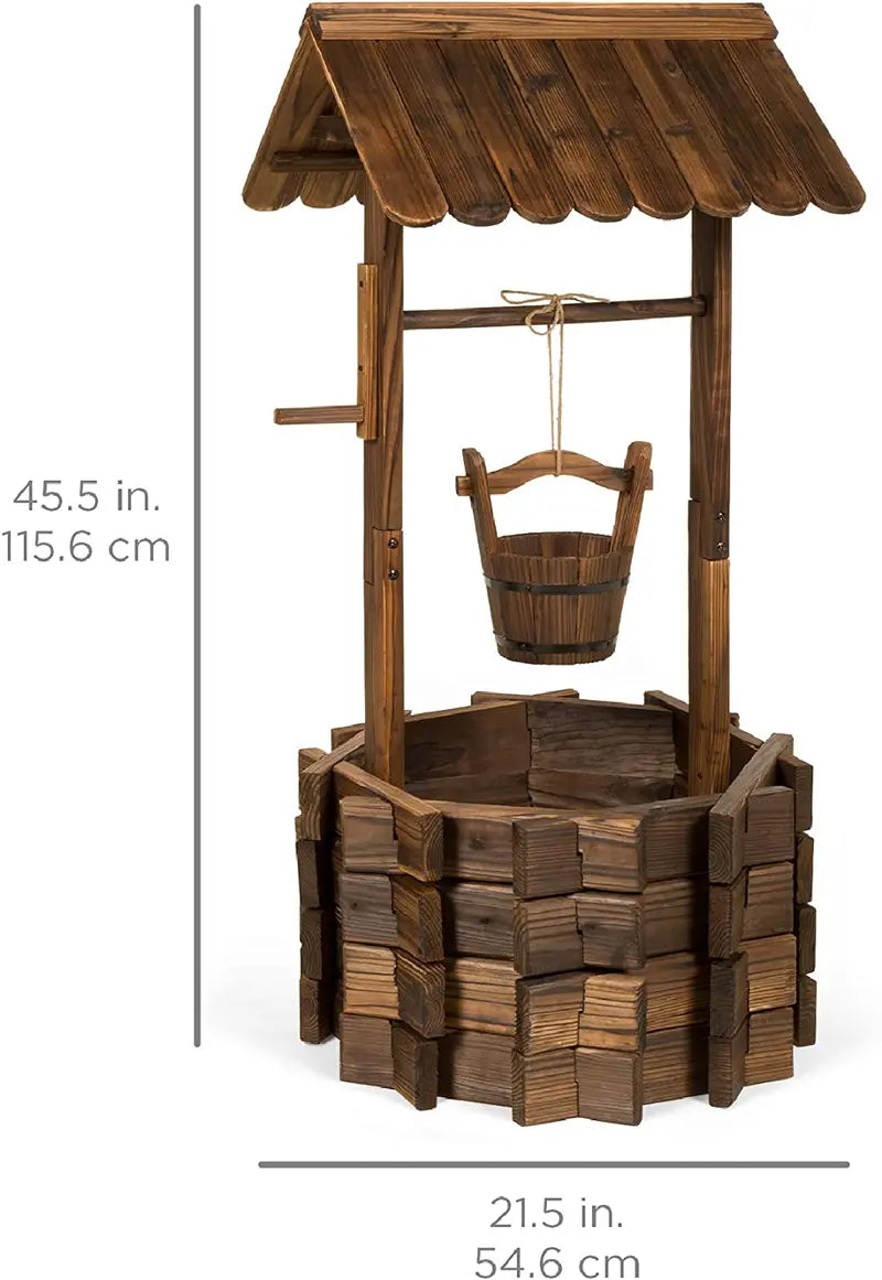 Rustic Wishing Well Planter Handmade Wooden Outdoor Decor with Hanging Bucket
