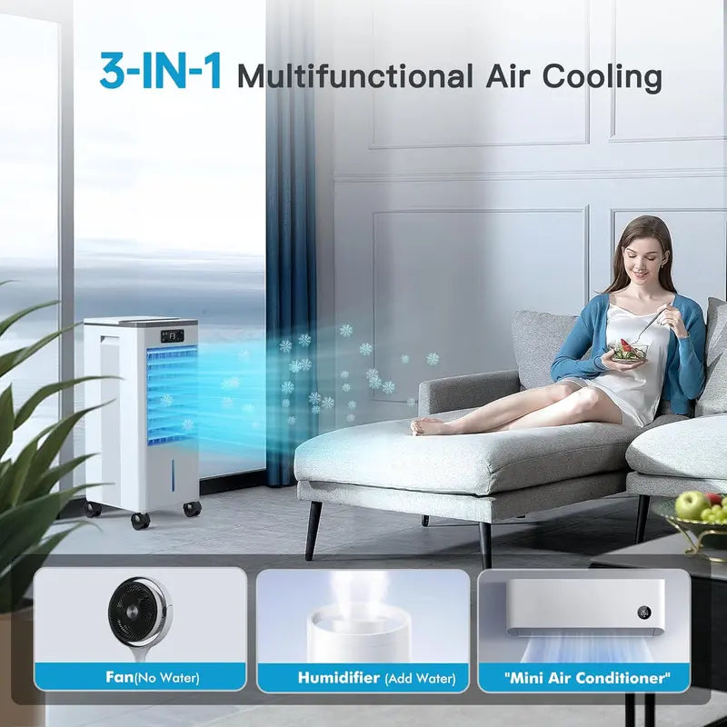Hose-Free Portable Evaporative Air Cooler 3-Speed, 3-Mode Swamp Cooler with 12-Hour Auto-Off, 20-Hour Runtime, 16-Foot Remote