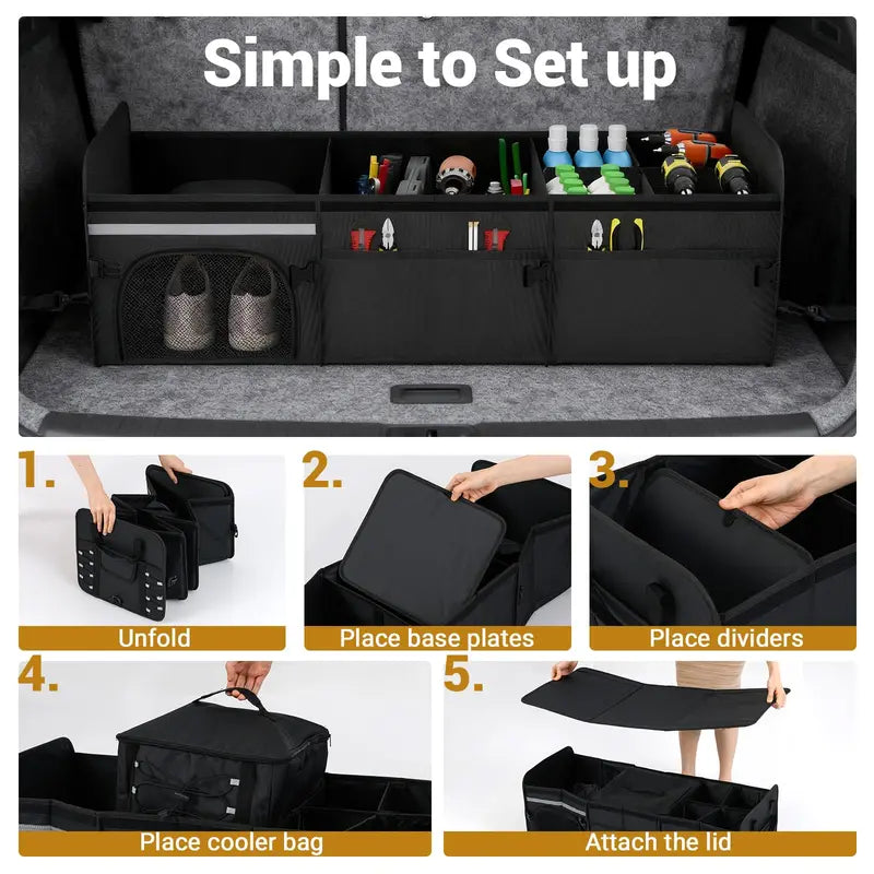 Collapsible Trunk Organizer Multi-Compartment Vehicle Storage Bin with Detachable Lid